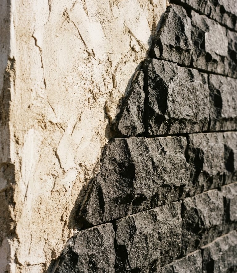 An abstract architectural detail of raw plaster meeting chiseled basalt, high-contrast sunlight casting deep shadows, 35mm film