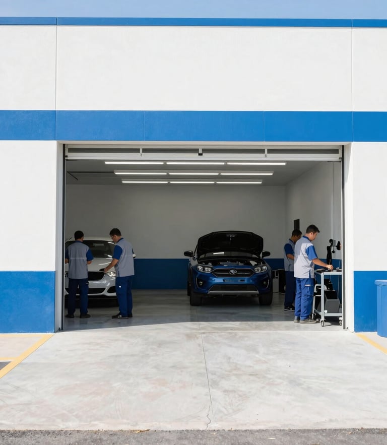 Wide environmental shot of a clean, bright, and organized Orem garage bay with professional technicians in clean uniforms working, crisp daylight, 35mm