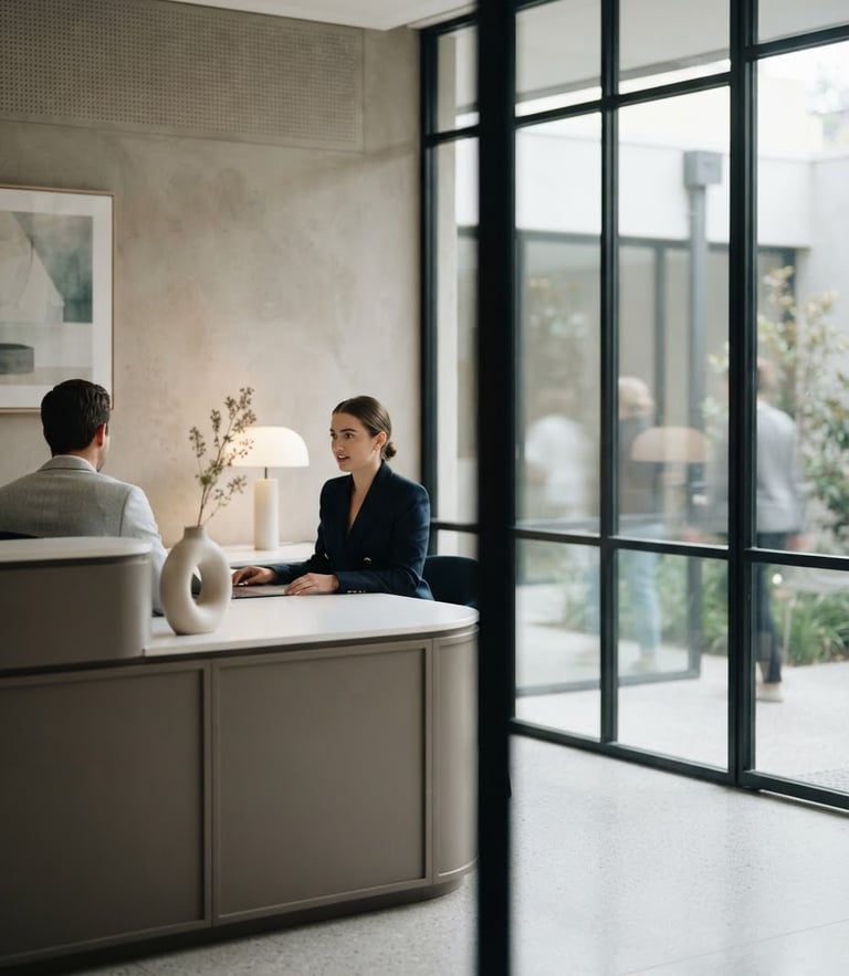 Soft diffused natural daylight reflecting through clean architectural glass panels in a high-end medical clinic reception, warm-gray tones, shallow depth of field, 35mm lens