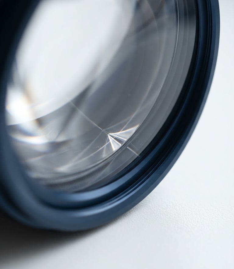 Abstract close-up of light refracting through clean curved glass lens, soft natural daylight, clinical minimalism