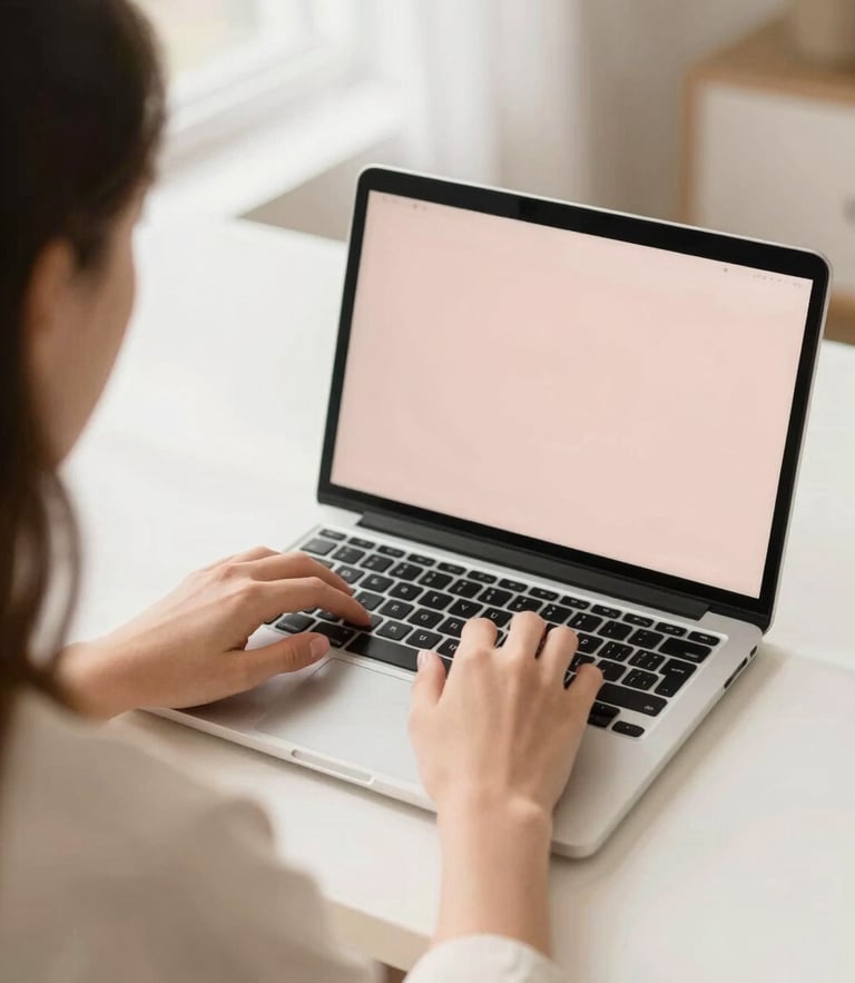 Over-the-shoulder workspace view of a young woman typing on a MacBook, bright soft natural daylight, warm cream and blush tones, 35mm