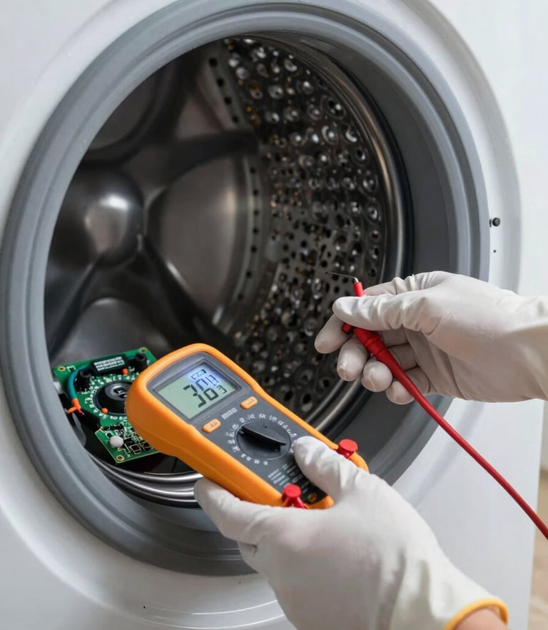 Close-up of clean, gloved hands testing a digital control board of a modern washing machine with a multimeter, bright cool LED light.