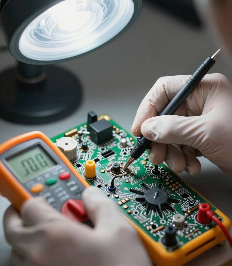 Macro shot of clean, gloved hands testing a digital control board with a multimeter under crisp white LED utility light, showing technical precision.