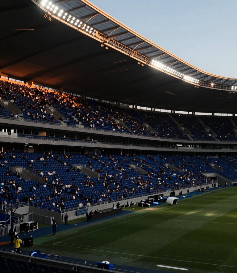 Dramatic environmental shot of a packed stadium under golden hour flares, high-contrast lighting, wide-angle lens