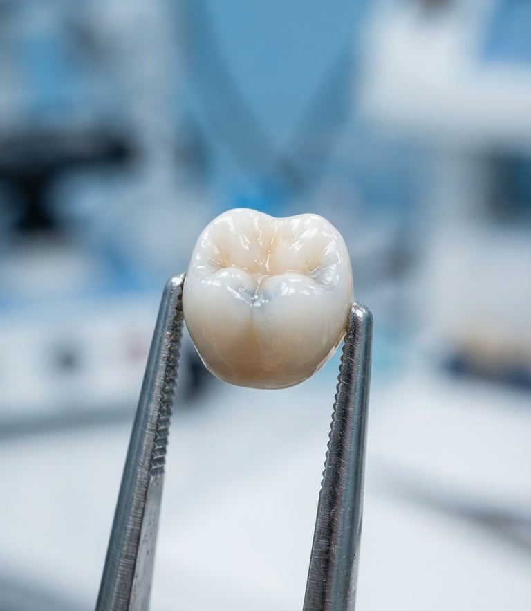 Macro close-up of a hand-finished ceramic crown held in tweezers under bright clinical studio lighting, shallow depth of field
