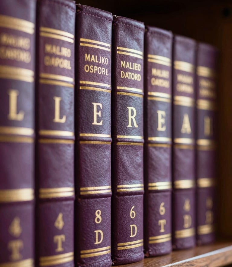 Macro shot of physical monograph spines on a dark oak library shelf, gold foil lettering on leather, warm soft window light, shallow depth of field
