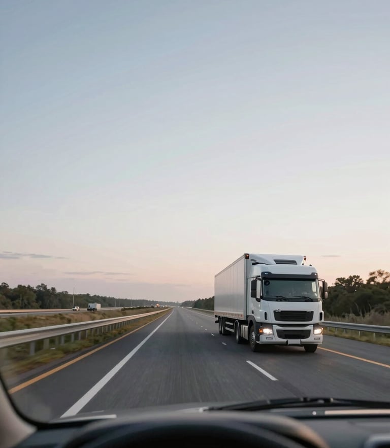 Wide-angle dashboard view of the open highway at dawn, natural overcast light, clean slate tones, professional trucking perspective.