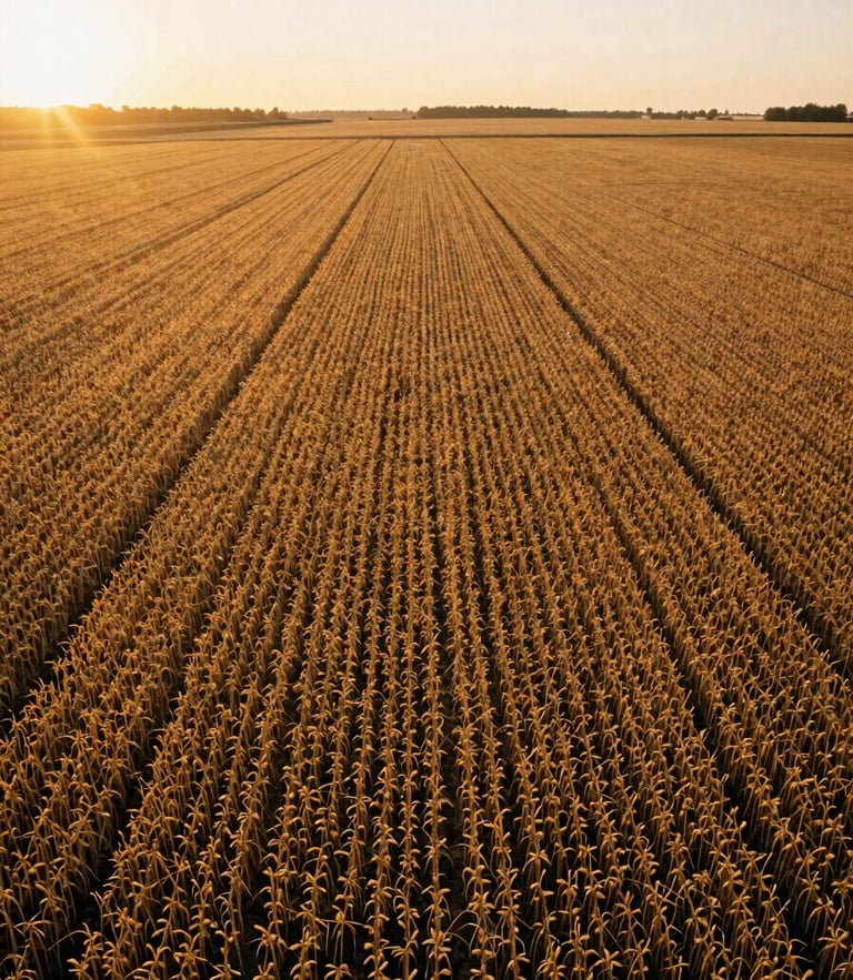 Wide-angle aerial shot of expansive golden soy fields at sunset, warm golden hour sunlight filtering through, rich soil background, 35mm film look