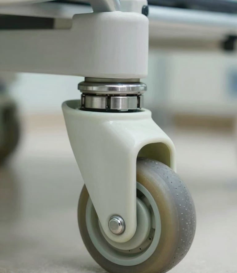 Macro close-up of a heavy-duty hospital bed castor wheel with stainless steel ball bearings and polyurethane tread, bright neutral clinical lighting, sterile environment.