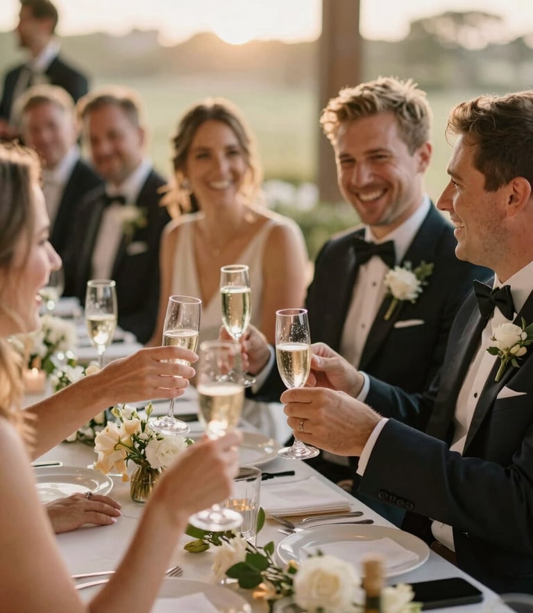 A candid, warm photograph from a guest's perspective showing wedding guests laughing, talking, and clinking champagne glasses at a beautifully decorated reception table. Soft golden hour light, romantic and joyful atmosphere, shallow depth of field.
