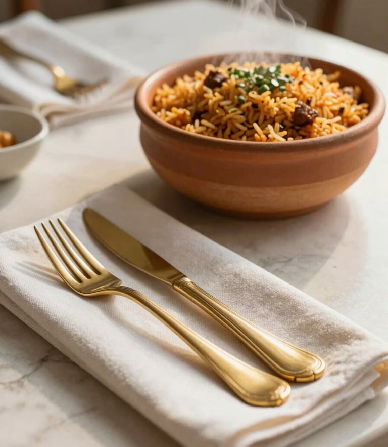 A beautifully laid dining table in warm afternoon light, gleaming polished brass cutlery resting on crisp linen napkins, with a steaming earthenware bowl of jollof rice softly blurred in the background.