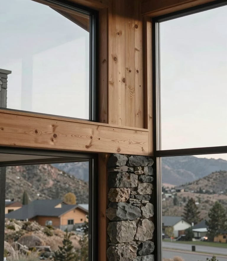 Architectural detail of a modern mountain home in Kamas, soft morning window light highlighting natural timber and stone, minimalist interior, 35mm photography