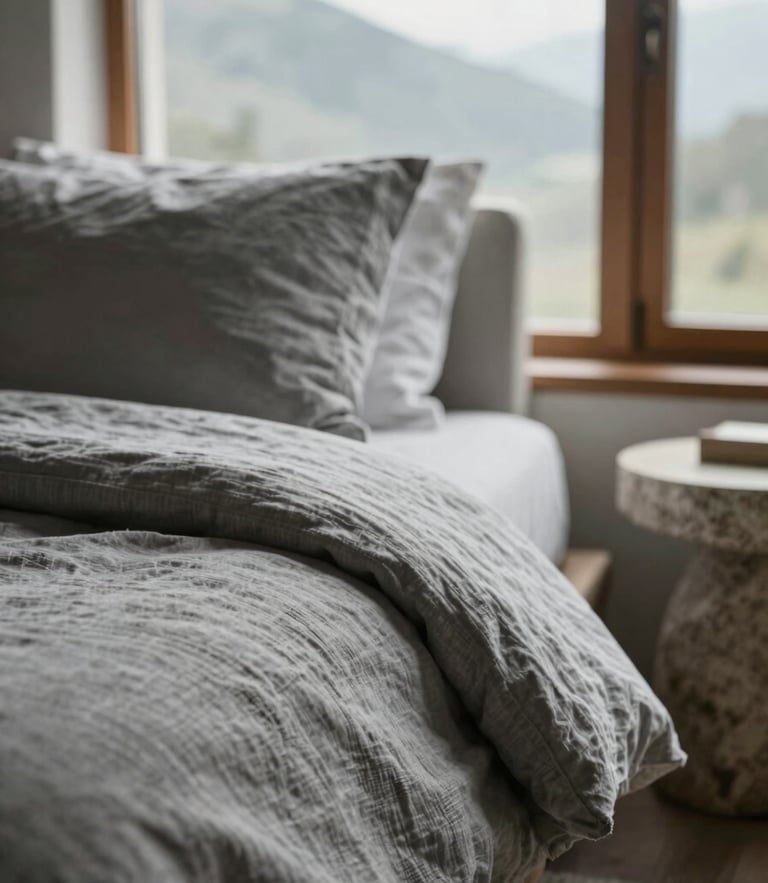 Close-up of tactile natural linen sheets and a stone bedside table in a soft-lit mountain bedroom, gentle morning window light, shallow depth of field