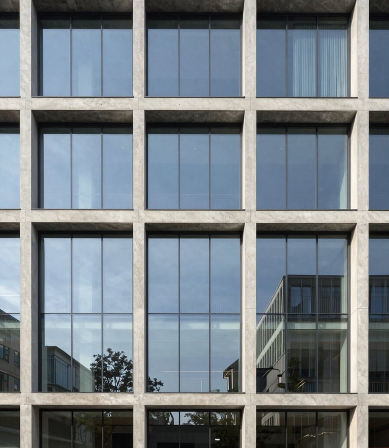 Straight-on architectural photograph of a modern glass and concrete building facade, clean lines, bright morning daylight, cool slate tones, sharp focus, 35mm
