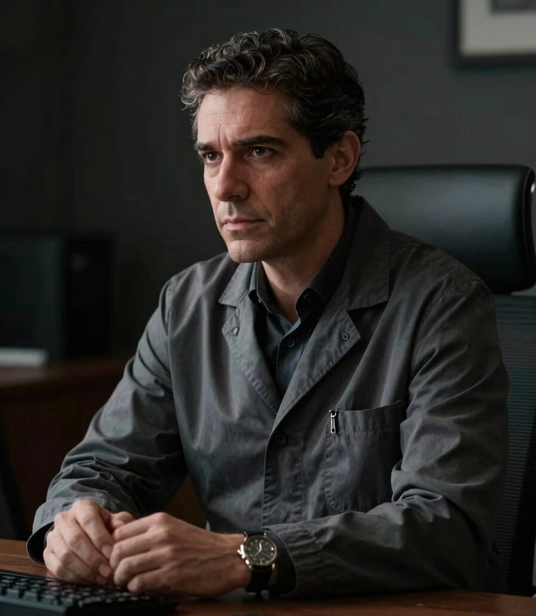 Low-key dramatic side-lighting, Dr. Esteban Aquino in a sober charcoal-toned office, looking analytical and composed, dark background, cinematic framing.