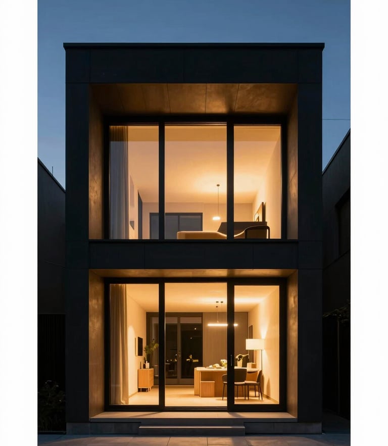 Sharp straight-on architectural photo of a modern Belgian residence exterior at twilight, dramatic warm interior lighting glowing through large windows, deep black shadows, premium editorial style, 35mm