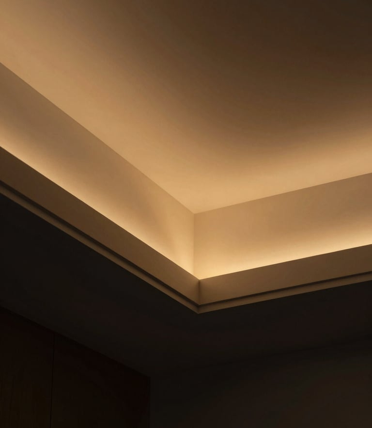 Close-up of premium architectural finish, clean drywall lines, warm golden-hour interior lighting, dark charcoal background, 35mm editorial photography