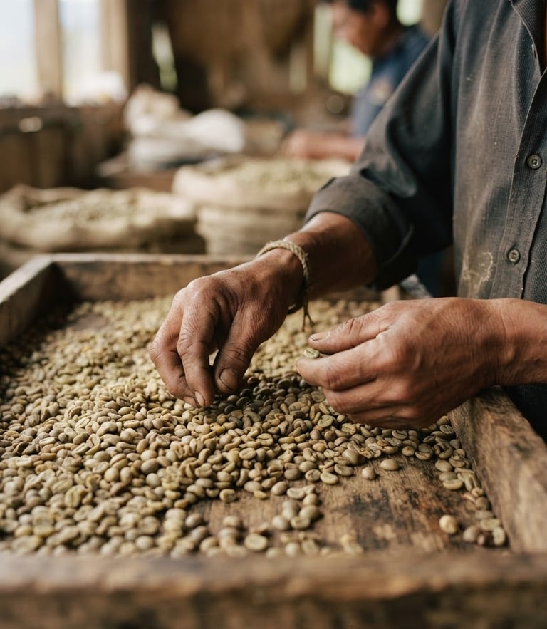 Close-up of hands carefully sorting green coffee beans on a wooden tray, soft diffused equatorial morning light, 35mm documentary film style.
