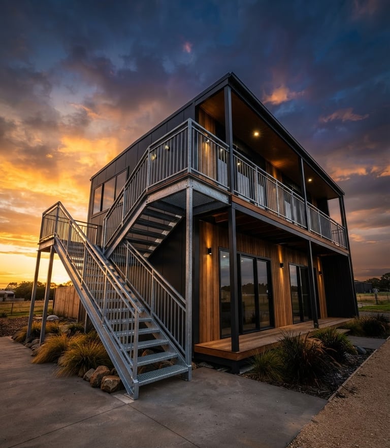 Low-angle architectural photography of a modern two-storey portable cabin with external steel staircase, dramatic sunset lighting, deep navy and warm gold tones, wide-angle lens, sharp focus