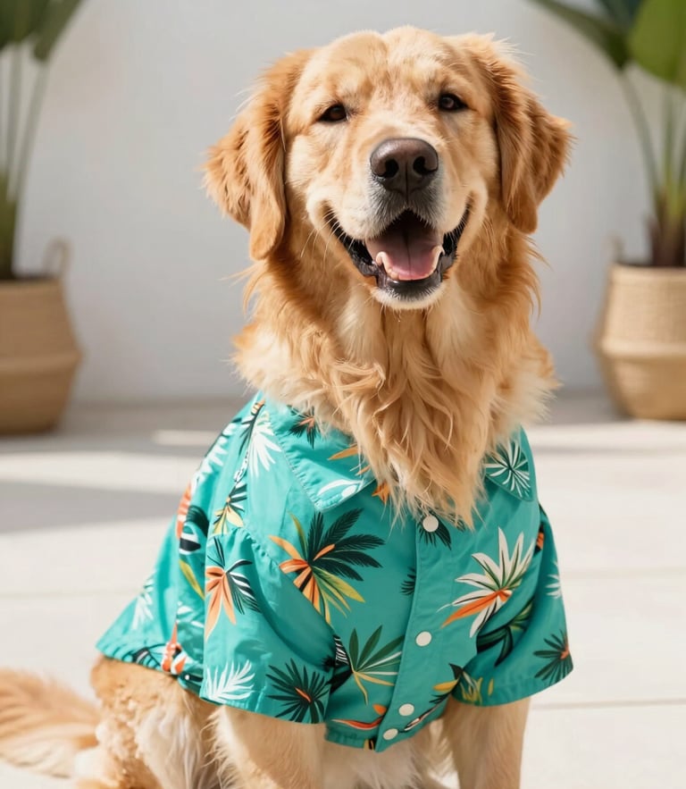 Joyful golden retriever wearing a bright teal tropical print shirt, sitting in a sunny patio, high-key natural light, 50mm focus