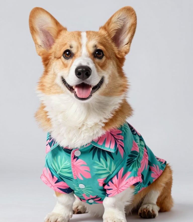 Eye-level bright studio photography, soft natural daylight, a happy fluffy Pembroke Welsh Corgi wearing a vibrant handmade teal and pink tropical shirt, sitting joyfully against a clean light grey background, sharp focus, shallow depth of field.