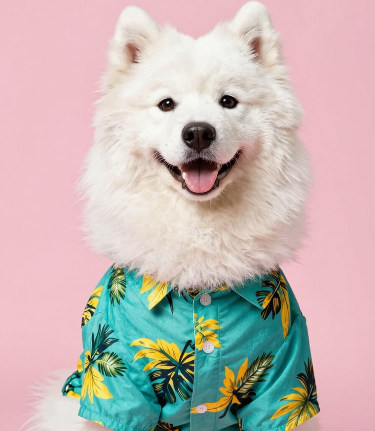 Bright eye-level portrait of a happy fluffy Samoyed dog wearing a vibrant teal and yellow tropical shirt, clean soft pink background, high-key studio lighting, sharp focus