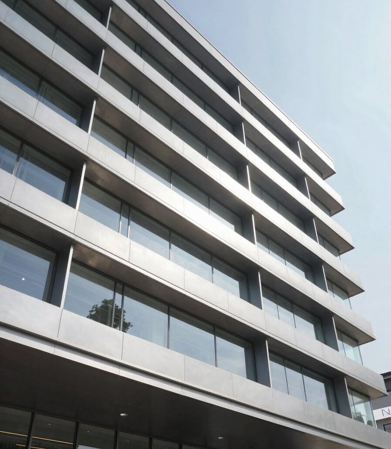 Architectural detail of premium aluminum lambrines on a modern lobby wall, sharp geometric shadows, crisp daylight, wide-angle lens.