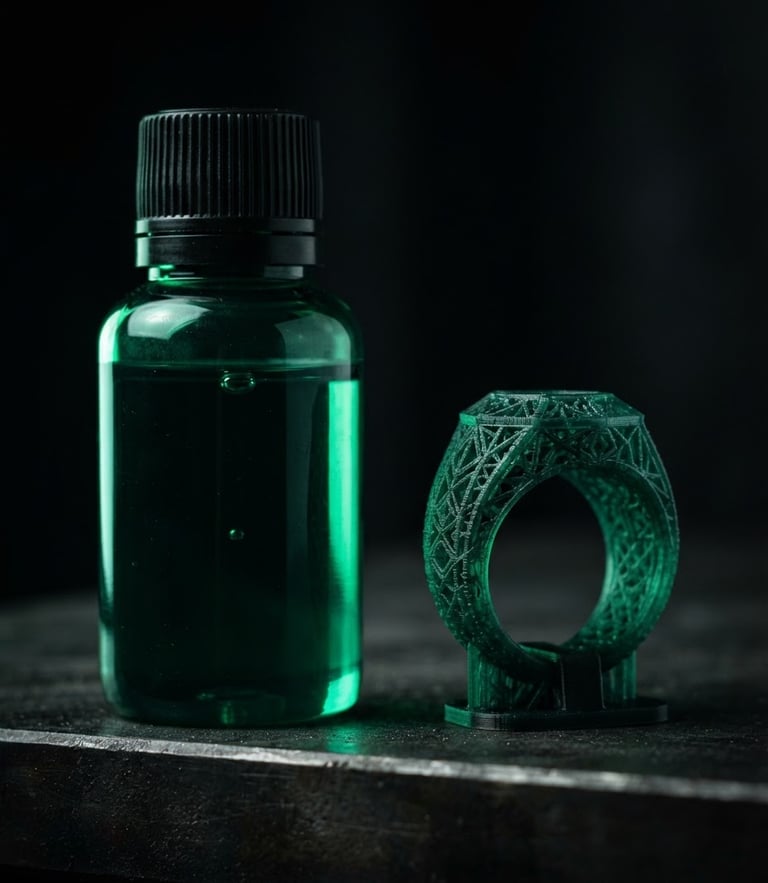 Macro studio shot of a translucent emerald green resin bottle next to a high-precision printed ring model, dramatic low-key lighting, sharp green rim light, dark background.