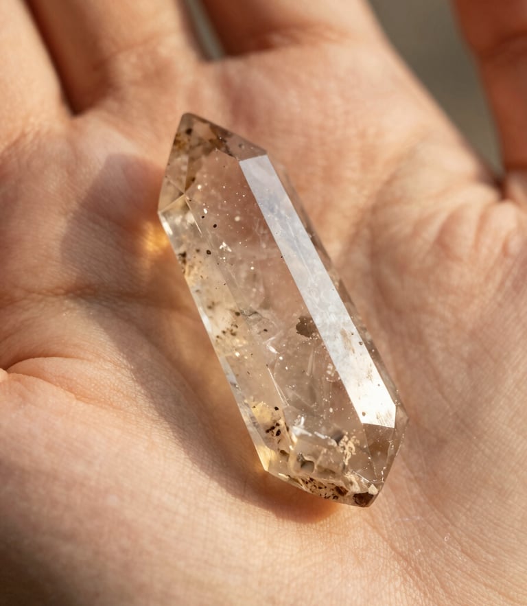 A macro close-up of a hand gently holding a raw, unheated amethyst crystal pendant, warm golden hour sunlight casting soft shadows across the skin.