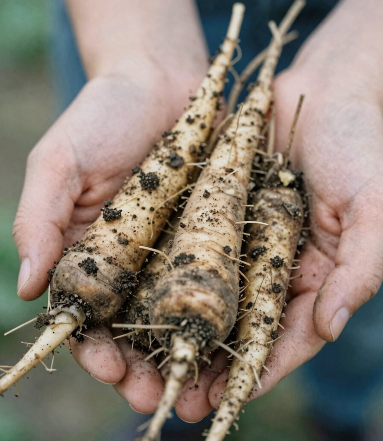 Close-up of soil-dusted hands holding freshly harvested root vegetables, soft overcast daylight, organic textures, 35mm film photograph.