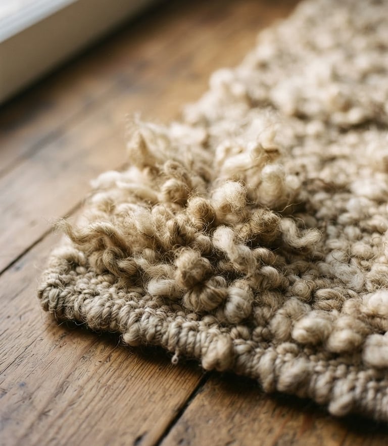 Tactile editorial photography, low-angle raking natural light, warm organic earth tones, shallow depth of field, 35mm. A close-up of a heavy-pile un-dyed wool rug corner, showing raw texture and density.