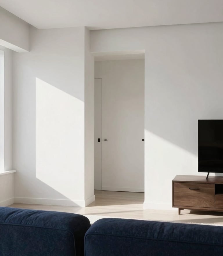 Symmetrical architectural shot of a luxury apartment interior in Goiânia, pristine white walls, minimalist furniture, soft natural side lighting, high-contrast shadows, 35mm