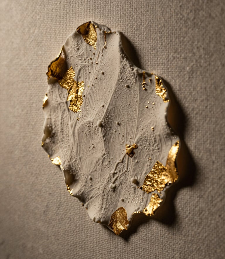 Macro shot of textured raw canvas with a thick organic relief, delicate gold leaf catching low-key directional candlelight, deep shadows.