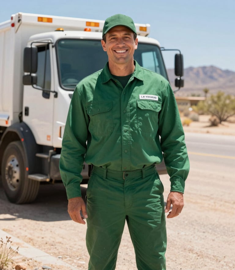 A professional Las Vegas junk removal crew leader in a clean forest green uniform, smiling warmly, bright desert daylight, high-contrast natural colors, clean composition