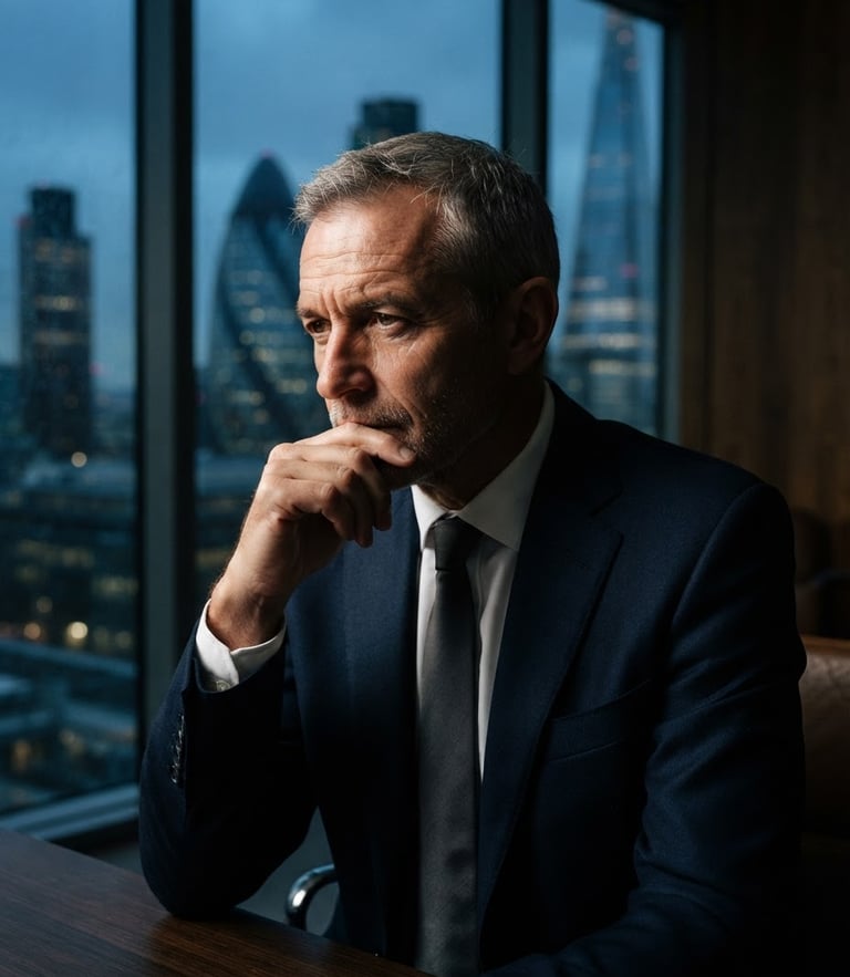 Candid, high-contrast portrait of a mature business leader in deep thought, dramatic window light, deep blue and neutral tones, sharp focus, 35mm lens