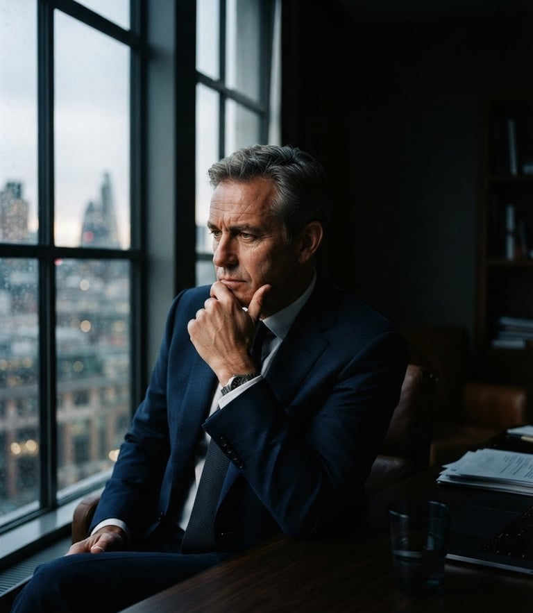 Candid portrait of a mature corporate leader in deep thought, dramatic high-contrast window light, deep navy blue and neutral tones, sharp focus, 35mm lens