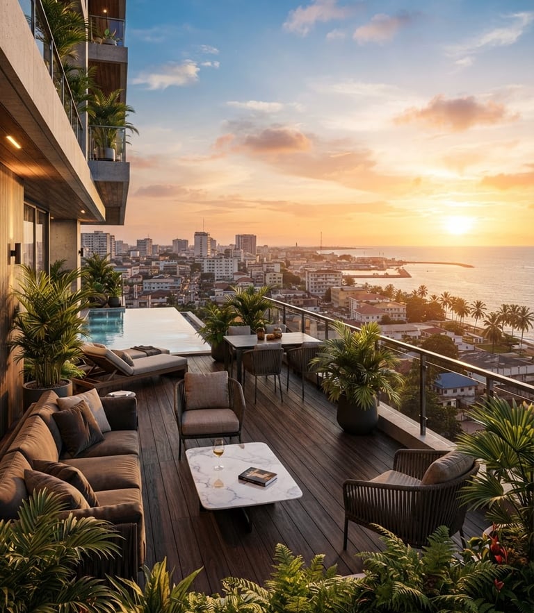 Warm architectural photography of a luxury modern apartment terrace in Cotonou, golden hour sunlight, palm trees in the background, wide-angle lens
