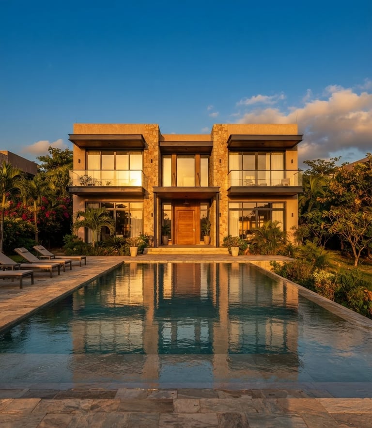 Symmetrical facade of a modern luxury villa in Cotonou under bright West African sun, golden-hour reflections on a clean pool surface, high-contrast warm tones