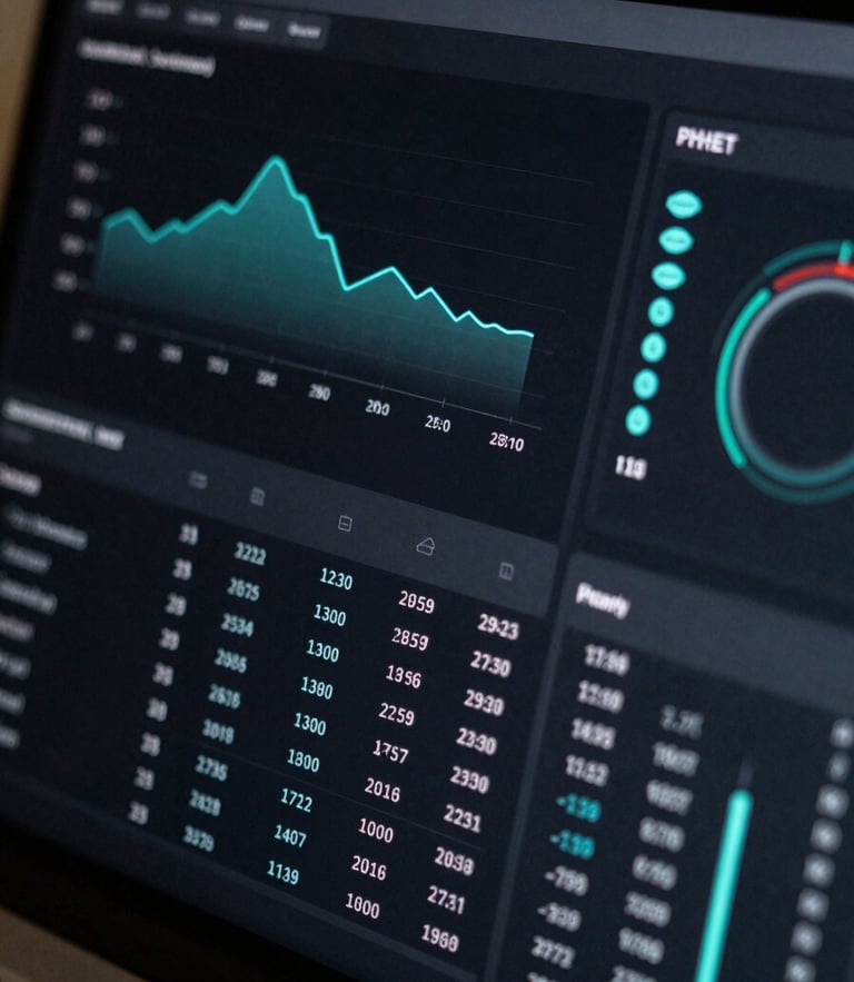 A tight macro shot of a clean data dashboard interface on a dark screen, displaying minimalist charts, structured data tables, and precise geometric data flows. Cool-toned, high-contrast dark mode interface glow with subtle electric teal accents.
