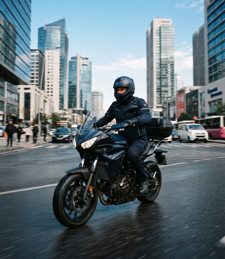Dynamic low-angle tracking shot of a professional motorcycle courier in clean navy gear riding a modern bike through Istanbul financial district, crisp daylight, high-contrast corporate navy tones, wide-angle motion blur, 35mm