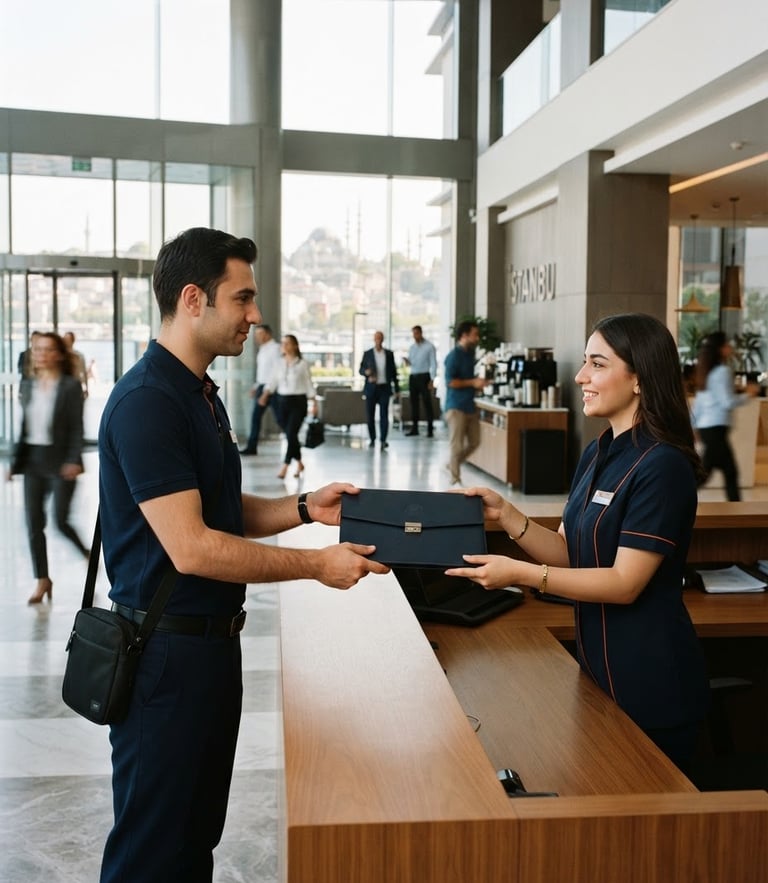 Sleek modern office building lobby in Istanbul, a professional courier in clean navy uniform handing over a secure document folder to a receptionist, warm natural light, 35mm photography