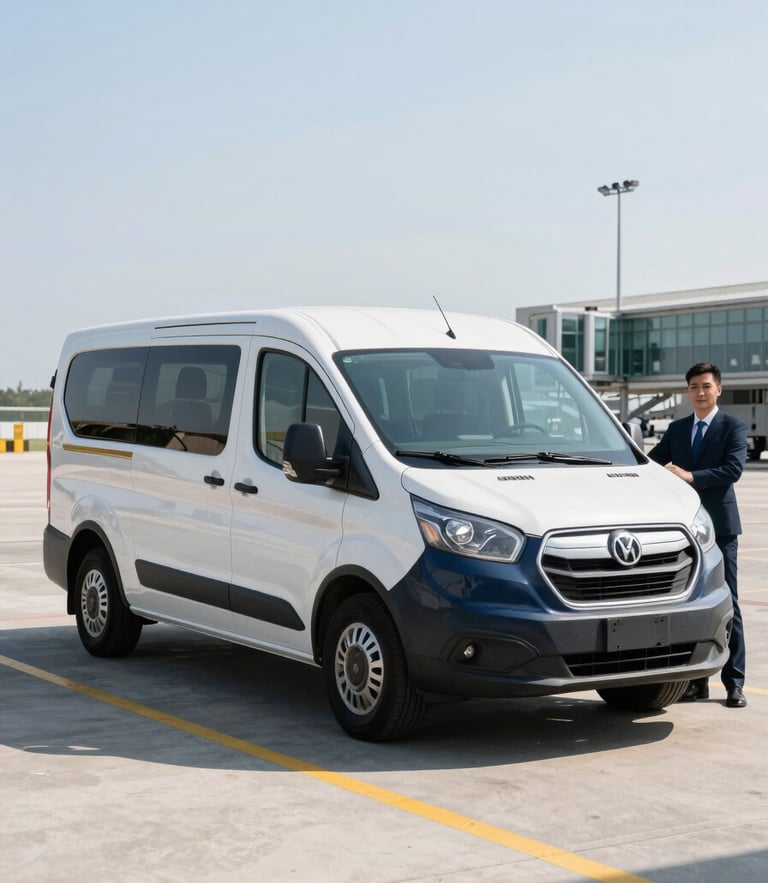 A clean late-model navy shuttle van parked at Buffalo airport terminal curb under bright morning daylight, professional driver standing nearby, crisp commercial photography style