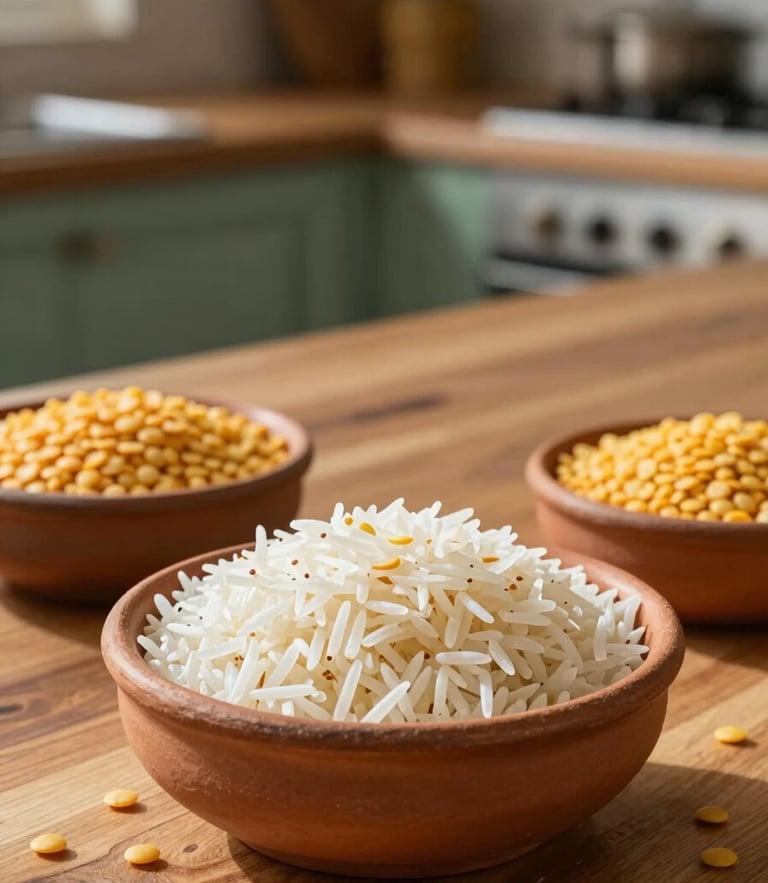 Warm editorial food photography of raw Basmati rice and golden lentils in rustic terracotta bowls on a sunlit wooden kitchen counter, natural morning light, shallow depth of field