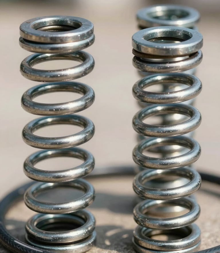 Close-up of clean steel torsion springs and heavy-gauge cables in bright, natural daylight. Eye-level, symmetrical framing.