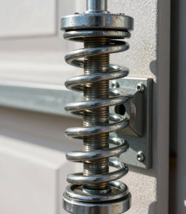 A close-up macro shot of a heavy-duty steel torsion spring newly installed on a residential garage door shaft, clean daylight, sharp focus on mechanical details.