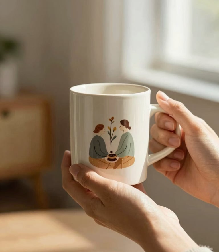 Warm lifestyle photo of hands holding a personalized ceramic mug with a soft printed illustration, cozy domestic morning light, shallow depth of field, 35mm