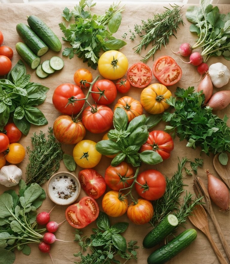 Top-down flat lay of fresh vegetables, ripe tomatoes and green herbs on a warm beige table, bright natural daylight, soft focus.