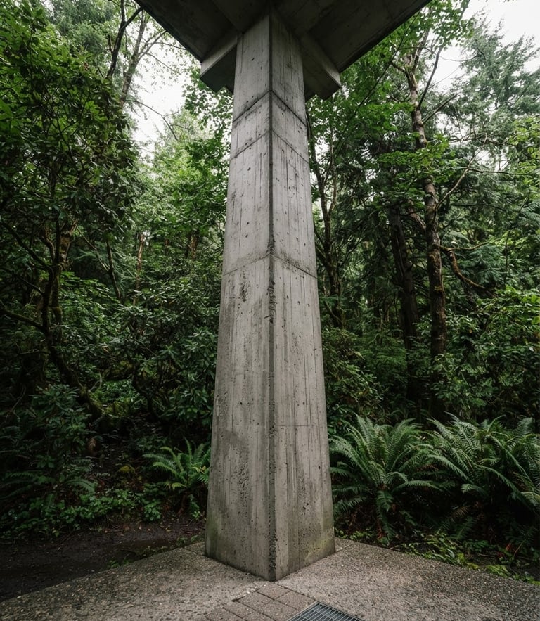 A low-angle crisp architectural shot of a massive concrete structural column surrounded by dense, highly structured forest landscaping, bright overcast daylight, slate grays and deep greens.