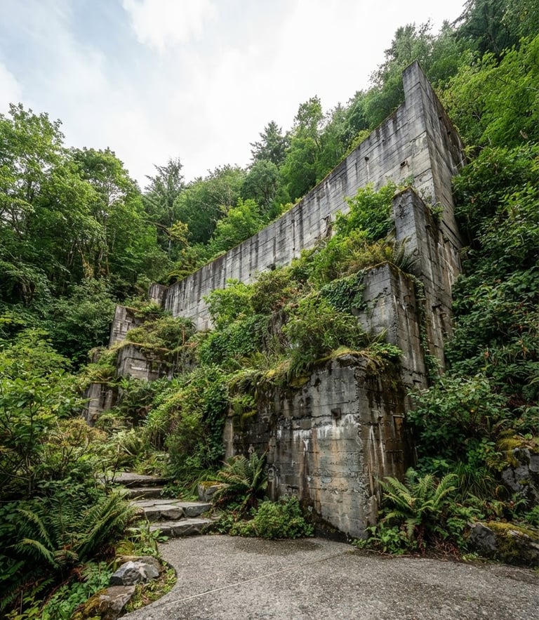 Low-angle architectural shot of a massive concrete retaining wall integrated with deep-rooted structural vegetation, bright daylight, rich forest greens and slate grays.