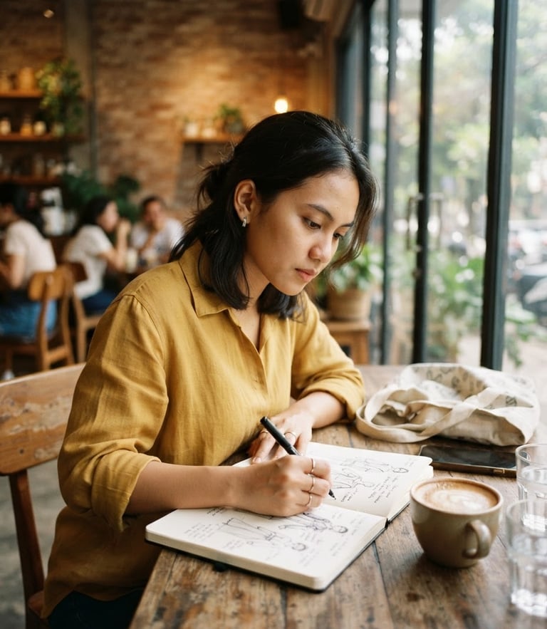 Candid medium shot of a young Indonesian designer sketching ideas in a notebook, soft warm window light, modern minimalist cafe interior, shallow depth of field, 35mm